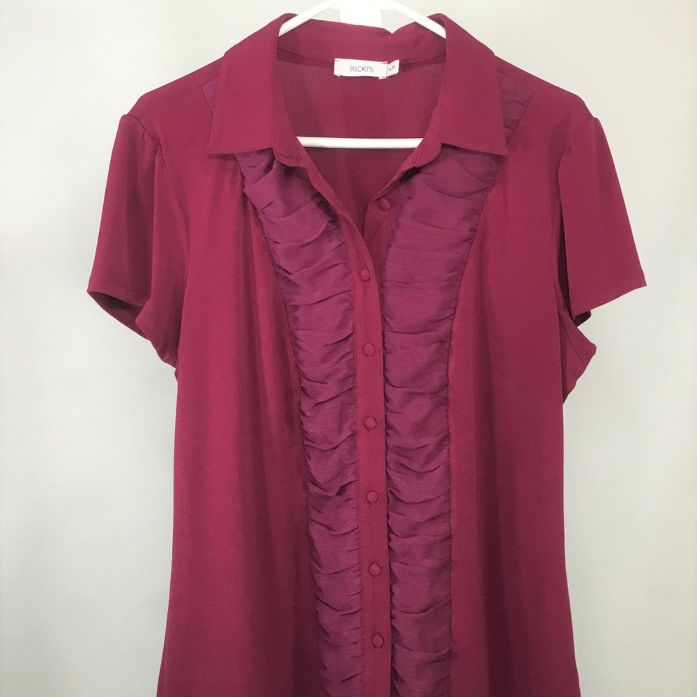 Magenta Ruffle Front Short Sleeve Blouse
